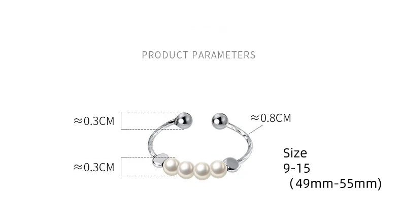 Maßangaben & Produktdetails: „Infografik zum verstellbaren Perlenring aus 925er Silber: Darstellung der Maße mit einer flexiblen Ringgröße (Size 9-15 / 49 mm - 55 mm Umfang) für eine optimale Passform.“