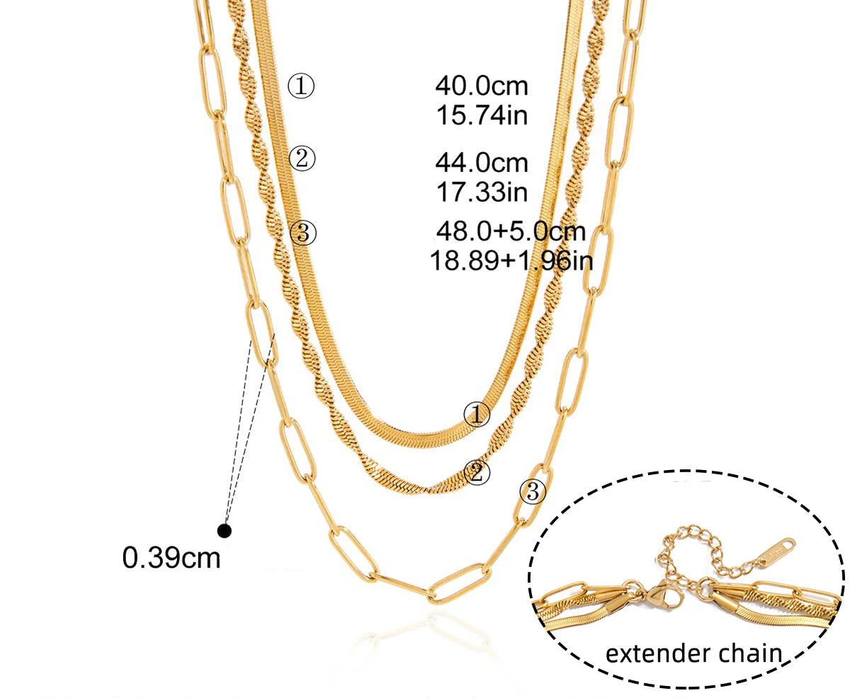 Technische Maßskizze des dreireihigen Ketten-Sets aus Edelstahl mit 18K Gold zur Veranschaulichung der Kettenlängen.