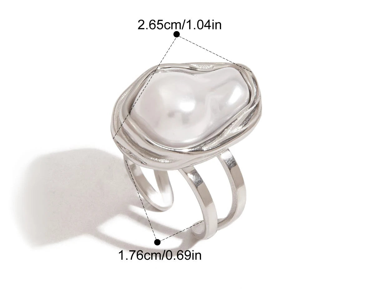 Technische Maße für den silberfarbenen Ring mit unregelmäßiger Perle | offener Ring aus Edelstahl