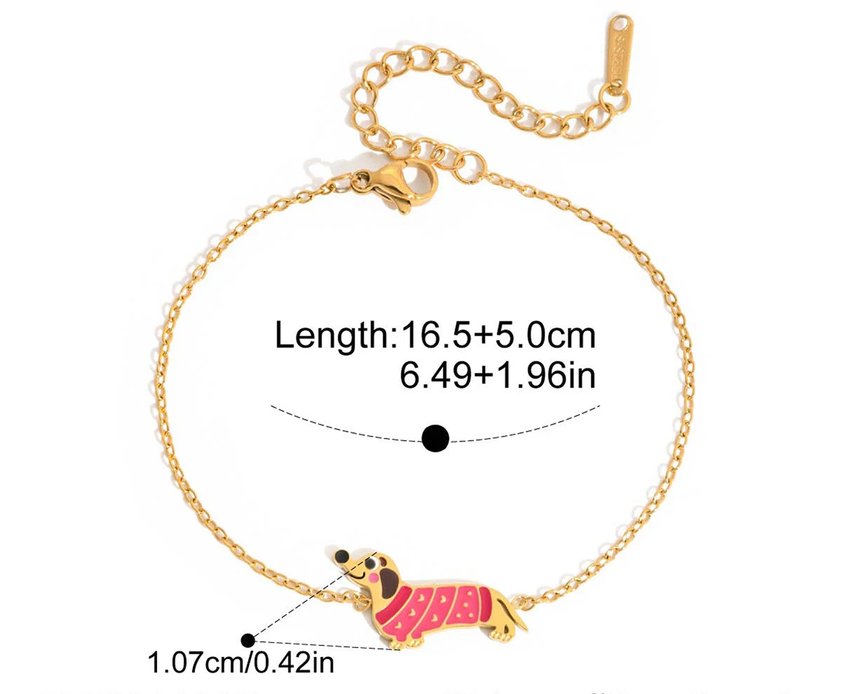 Technisches Produktfoto des Dackel-Armbands mit Maßen: Länge 16,5 cm + 5,0 cm Verlängerung (6,49 + 1,96 Zoll) und einer Anhängerhöhe von 1,07 cm (0,42 Zoll).