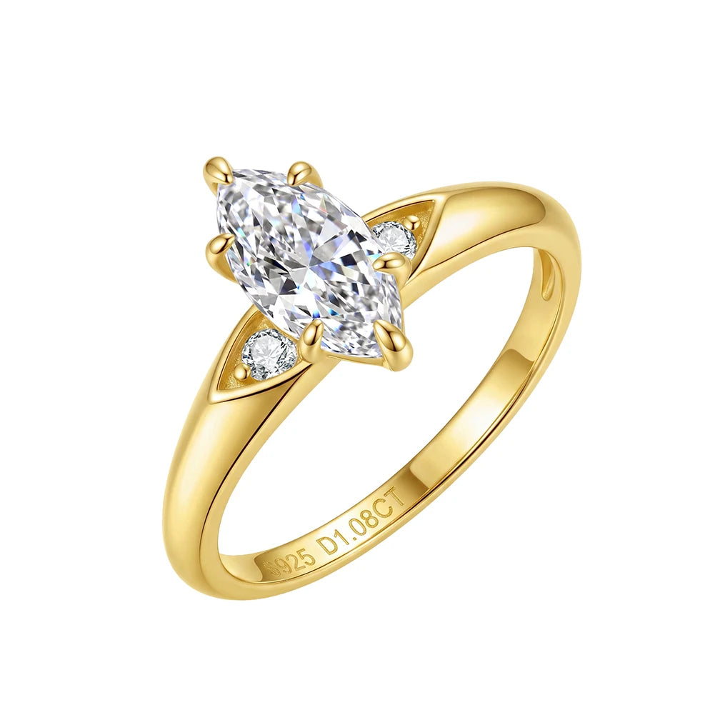 Freigestellter Damenring aus 925 Sterling Silber mit 14K Gelbgold-Vergoldung, Zirkonia im Marquise-Schliff und seitlichen Besatzsteinen