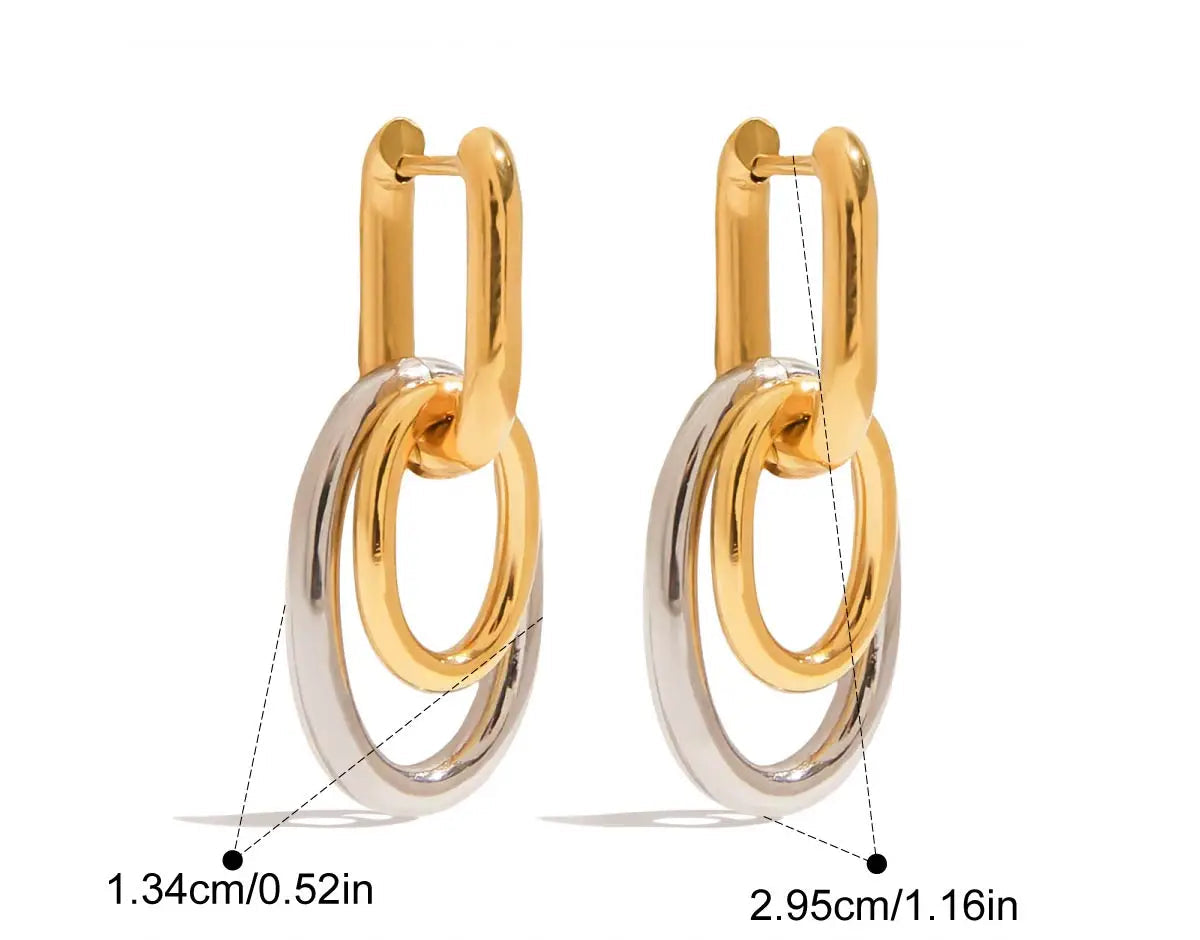 Technische Maße von zwei ovalen Gliederohrringen in Gold und Silber | Details der Bicolor-Ohrringe aus vergoldetem Edelstahl