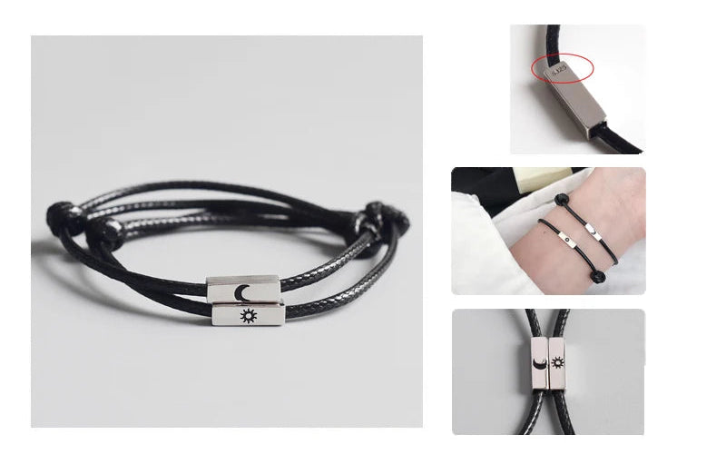 Kompakte Produktansicht des verstellbaren Partner-Kordelarmband-Sets mit Sonne- und Mond-Motiv.
