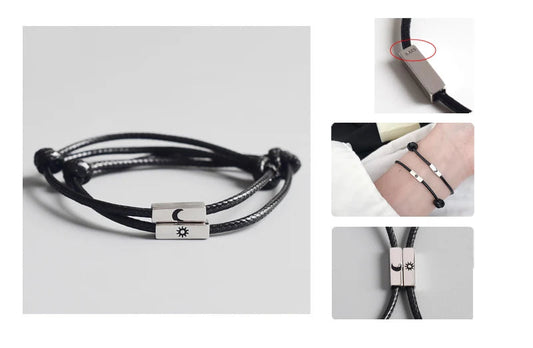 Kompakte Produktansicht des verstellbaren Partner-Kordelarmband-Sets mit Sonne- und Mond-Motiv.