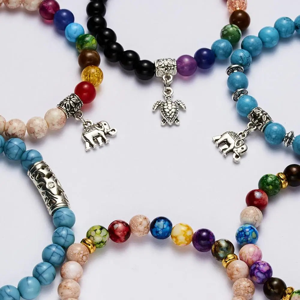 Chakry Armband Produktdetails - hochwertige Steinperlen mit Elefanten- und Schildkröten-Charms