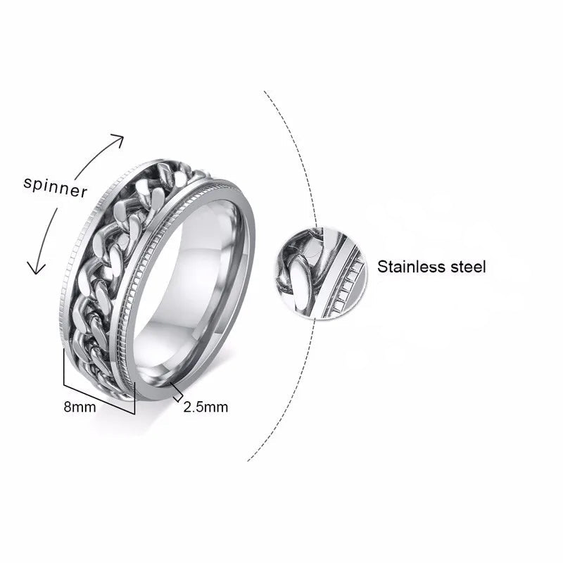 Produktgrafik des Spinner-Rings mit Maßen: Ringbreite 8 mm, Dicke der Ringschiene 2,5 mm. Gewicht 6g, Material: hochglanzpolierter Edelstahl (High polished Stainless Steel), mit drehbarer Funktion.