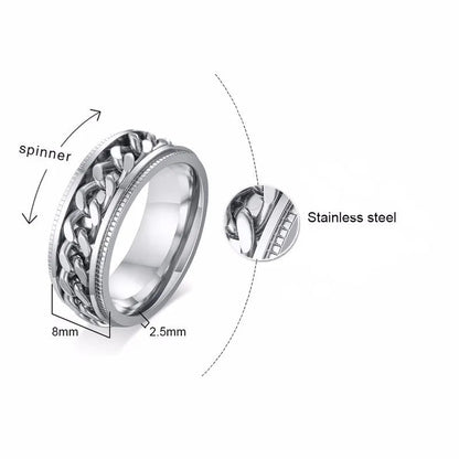 Produktgrafik des Spinner-Rings mit Maßen: Ringbreite 8 mm, Dicke der Ringschiene 2,5 mm. Gewicht 6g, Material: hochglanzpolierter Edelstahl (High polished Stainless Steel), mit drehbarer Funktion.