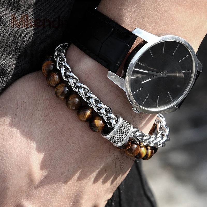Armband Ensy mit Tigerauge-Perlen und Edelstahl Cuban Link Chain - spiritueller Herrenschmuck