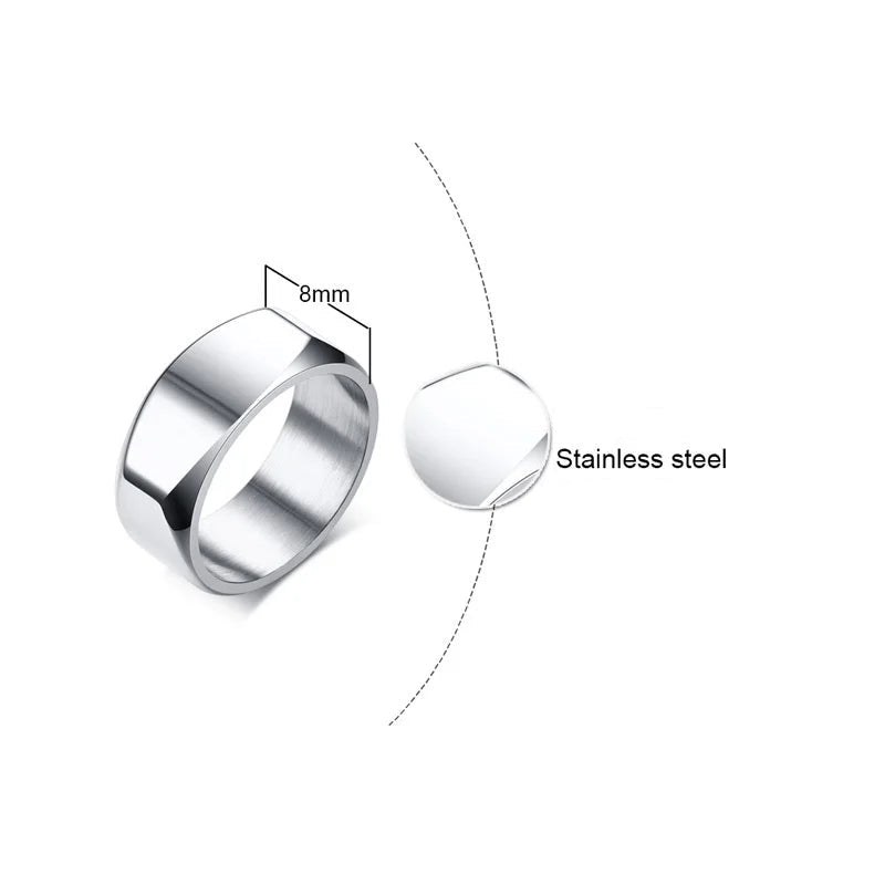 Produktgrafik des Edelstahl-Herrenrings mit Maßen: Ringbreite 8 mm. Gewicht 6,5g, Material: hochglanzpolierter Edelstahl (High polished Stainless steel).