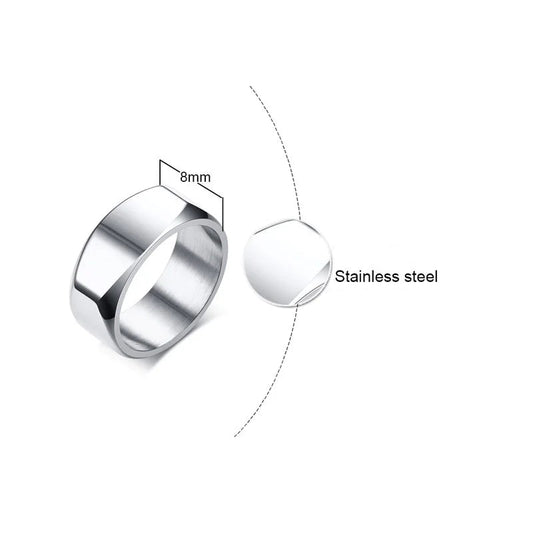 Produktgrafik des Edelstahl-Herrenrings mit Maßen: Ringbreite 8 mm. Gewicht 6,5g, Material: hochglanzpolierter Edelstahl (High polished Stainless steel).