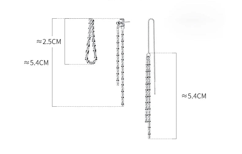 Technische Zeichnung von zwei Paaren Ohrringen aus 925er Silber: Ein kurzes, U-förmiges Paar und ein langes, filigranes Faden-Ohrring-Paar mit Stab- oder Kastenform, inklusive Maßangaben.