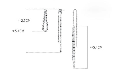 Technische Zeichnung von zwei Paaren Ohrringen aus 925er Silber: Ein kurzes, U-förmiges Paar und ein langes, filigranes Faden-Ohrring-Paar mit Stab- oder Kastenform, inklusive Maßangaben.