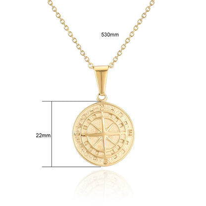 Technische Zeichnung eines goldfarbenen Kompass-Medaillons mit den Maßen 22mm Durchmesser und 530mm Kettenlänge.