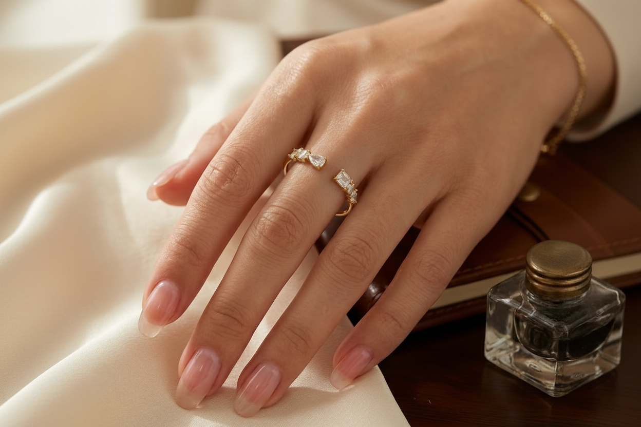 „Modische Modellansicht eines verstellbaren Goldrings mit Zirkonia-Besatz am Zeigefinger, kombiniert mit mehreren goldenen Armbändern im Hintergrund.“