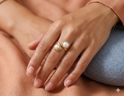 Detaillierte Nahaufnahme der vergoldeten Edelstahlringe mit Perlen, getragen von einer Frau an Zeige- und Ringfinger, um die Passform und das offene Design zu zeigen.