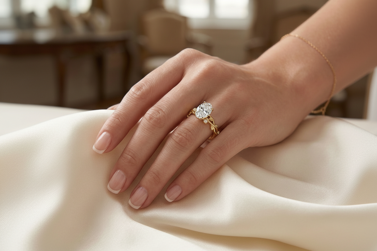 „Ästhetisches Lifestyle-Bild einer Hand mit dem oval geschliffenen Moissanit-Ring auf hellem, fließendem Satin-Stoff.“