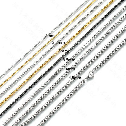 Größenübersicht von vier Edelstahl-Boxketten in Silber und Gold mit Breiten von 2.0mm und 3.0mm.
