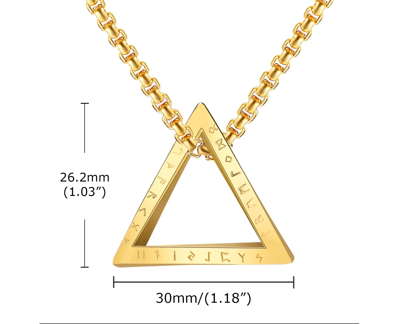 Technische Zeichnung einer goldfarbenen Edelstahlkette mit offenem dreieckigen Anhänger, Maße 26,8mm x 30mm. (Der Anhänger scheint hier eine Prägung zu haben.)