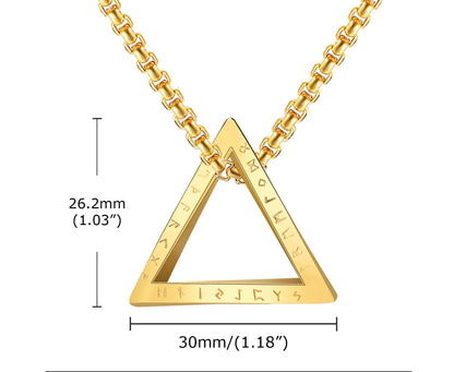 Technische Zeichnung einer goldfarbenen Edelstahlkette mit offenem dreieckigen Anhänger, Maße 26,8mm x 30mm. (Der Anhänger scheint hier eine Prägung zu haben.)