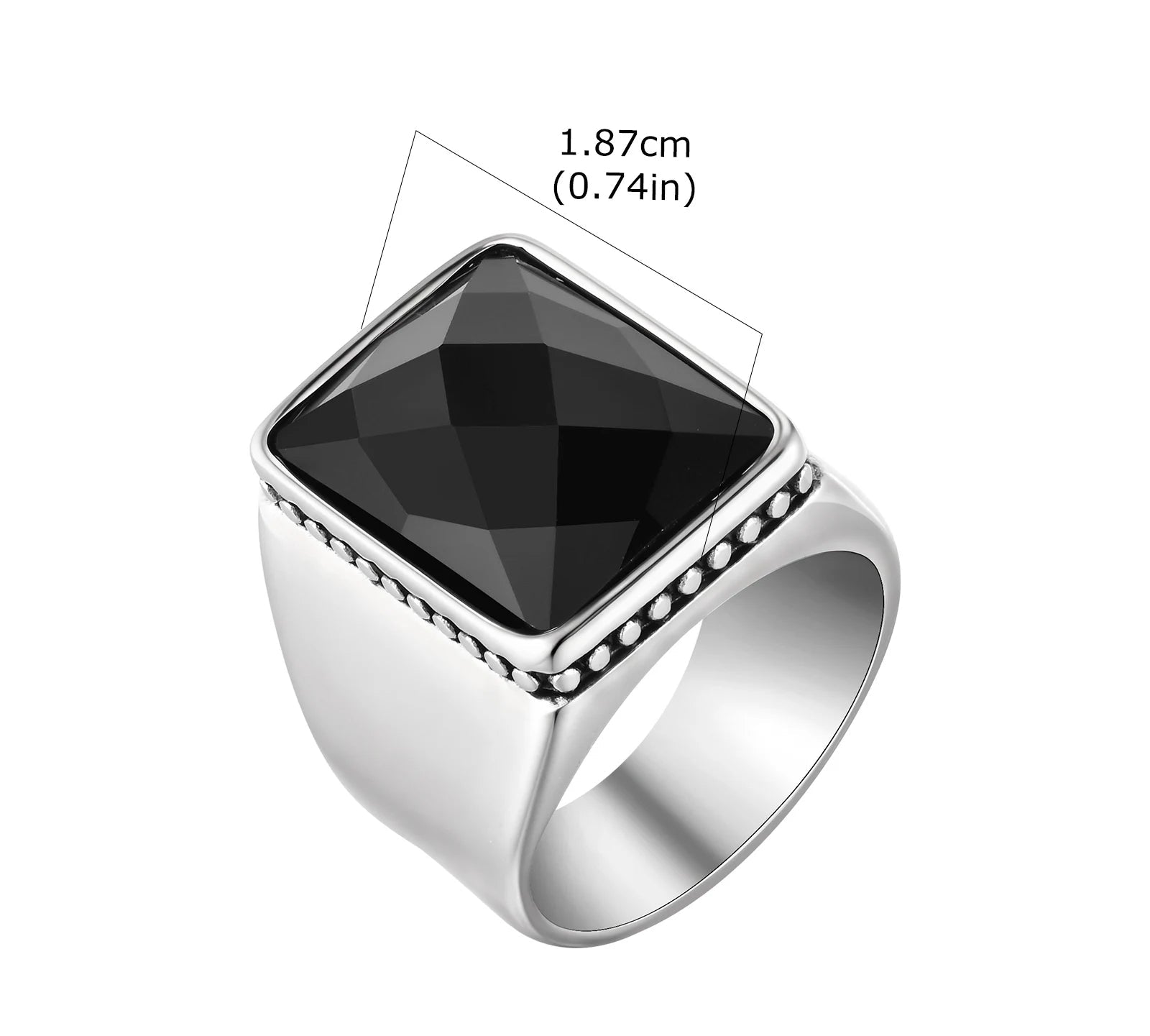 Produktgrafik des Herren-Siegelrings mit Maßen: Breite der Steinfläche 1,87 cm. Gewicht ca. 18g, Material: Edelstahl mit schwarzem Inlay im Quadratschliff.