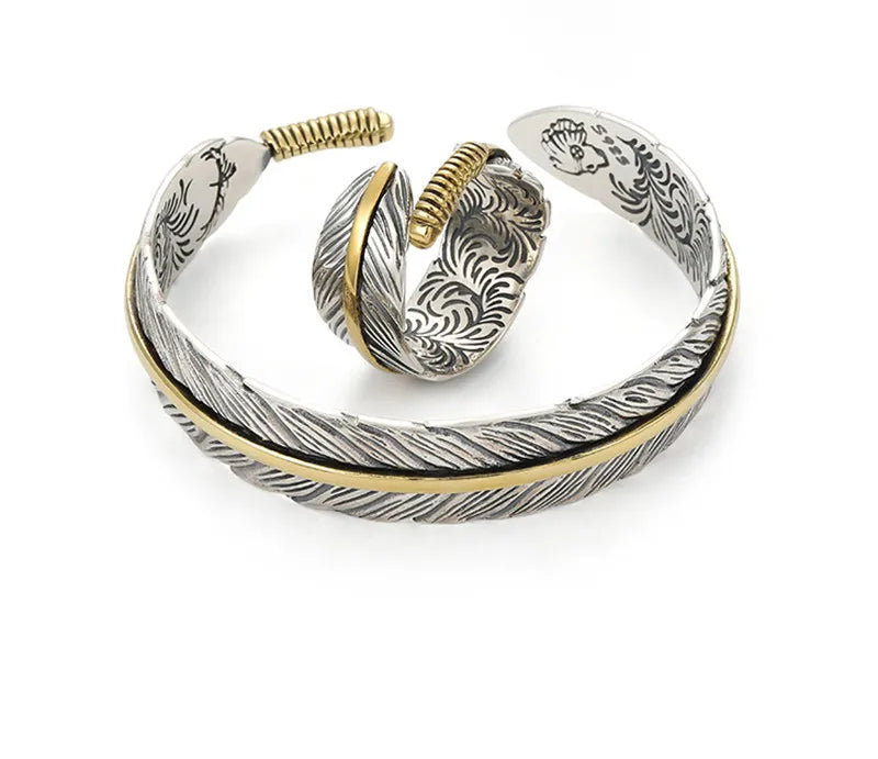 Armband Feather Varianten - Set, Ring und Armreif in Goldfarbe