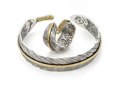 Armband Feather Varianten - Set, Ring und Armreif in Goldfarbe