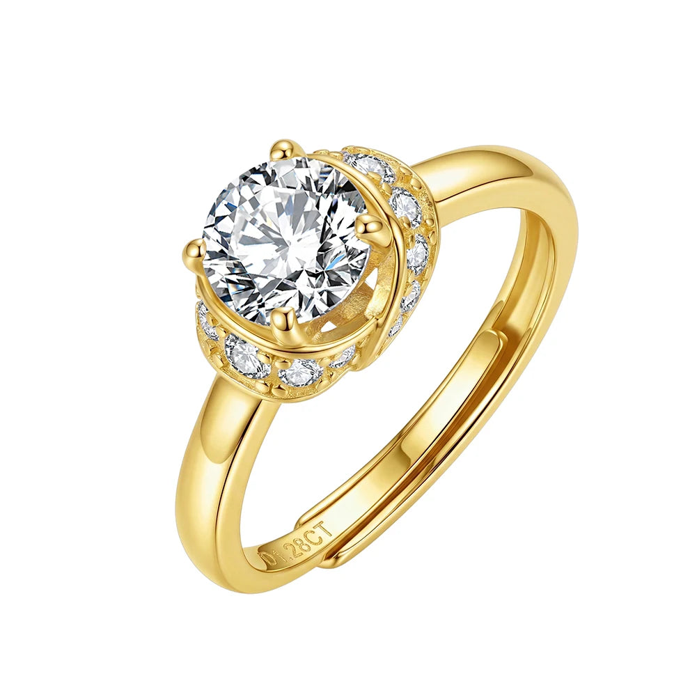Freigestellter, verstellbarer Damenring aus 925 Sterling Silber mit 14K Vergoldung und Zirkonia-Halo-Fassung