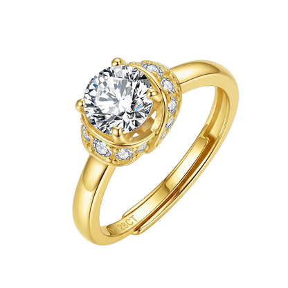 Freigestellter, verstellbarer Damenring aus 925 Sterling Silber mit 14K Vergoldung und Zirkonia-Halo-Fassung