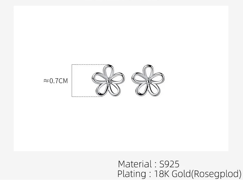 Technische Maßskizze der blütenförmigen 925er Silber-Ohrstecker mit Größenangabe (Durchmesser ca. 0,7 cm).