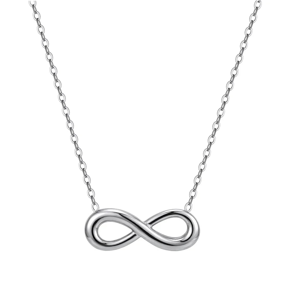 „Minimalistische Halskette mit Unendlichkeitsschleife aus hochwertigem, poliertem Edelstahl in Silber-Optik.“