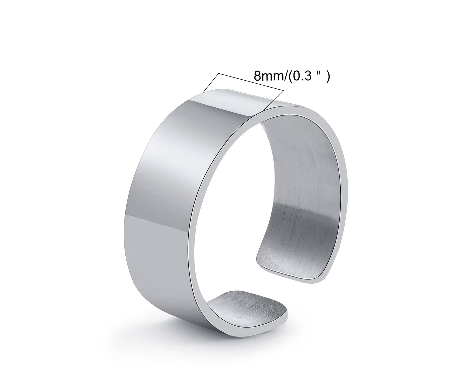 Produktgrafik des mittleren Modells: Größenverstellbarer Edelstahl-Bandring mit einer Breite von 8 mm. Gewicht 3,77g, Material: Edelstahl.