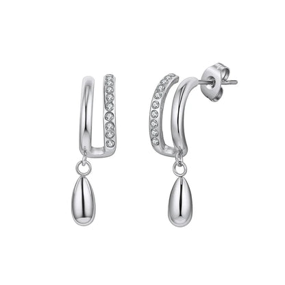 Silberfarbene Doppel-Hoop-Ohrstecker aus Edelstahl mit Zirkonia-Besatz und abnehmbarem Tropfenanhänger auf weißem Grund.