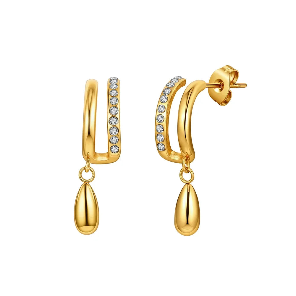 18K vergoldete Edelstahl-Ohrstecker im zweireihigen Design mit glitzernden Zirkonia-Steinen und Tropfen-Details.