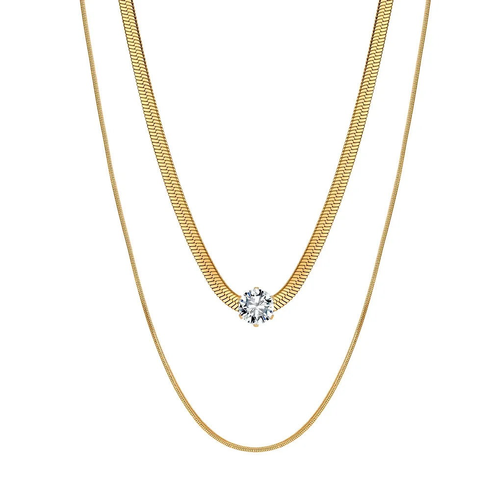 18K vergoldete zweireihige Edelstahl-Halskette im Layering-Look mit strahlendem Zirkonia.
