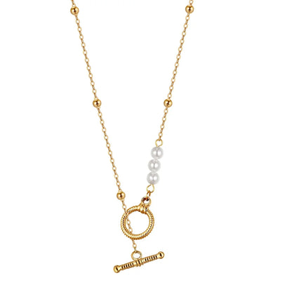 18K vergoldete Edelstahl-Halskette mit kleinen Perlen und elegantem T-Bar-Verschluss.