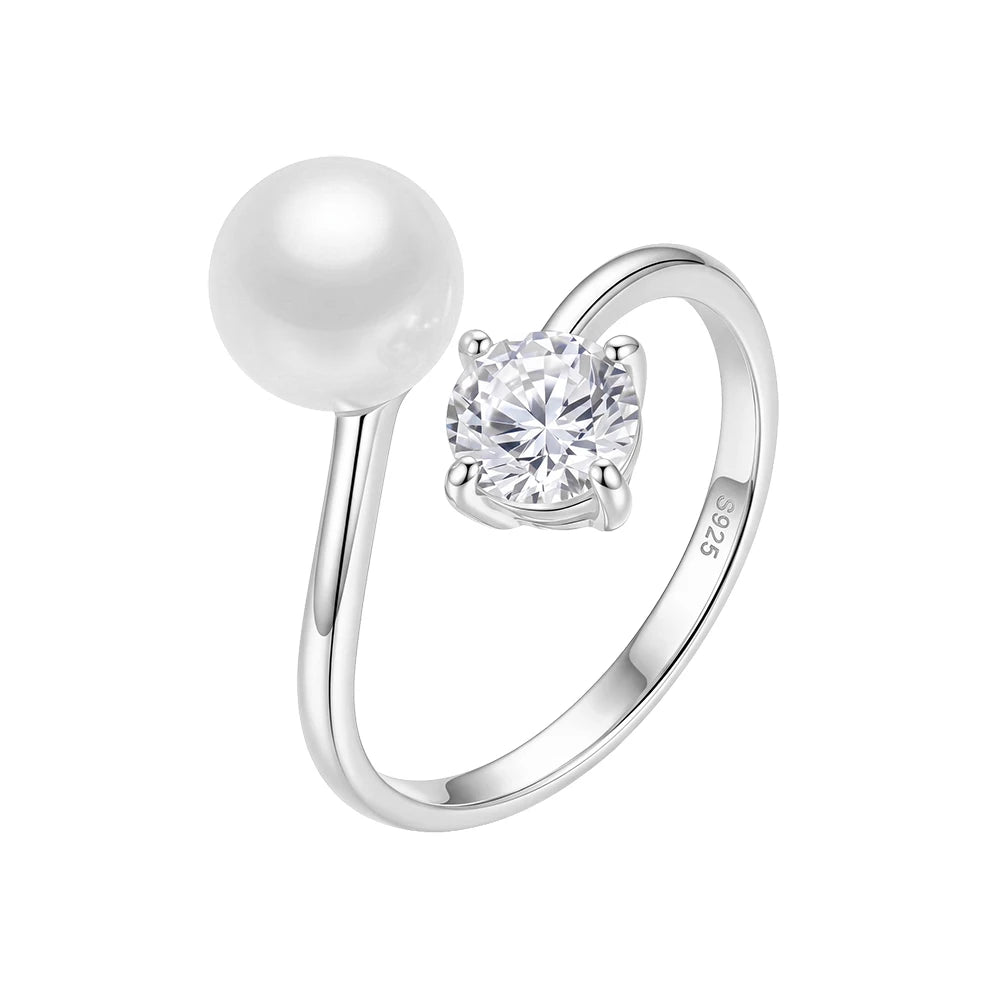 Freigestellter, verstellbarer Damenring aus glänzendem 925 Sterling Silber mit Süßwasserperle und Solitär-Zirkoniastein.