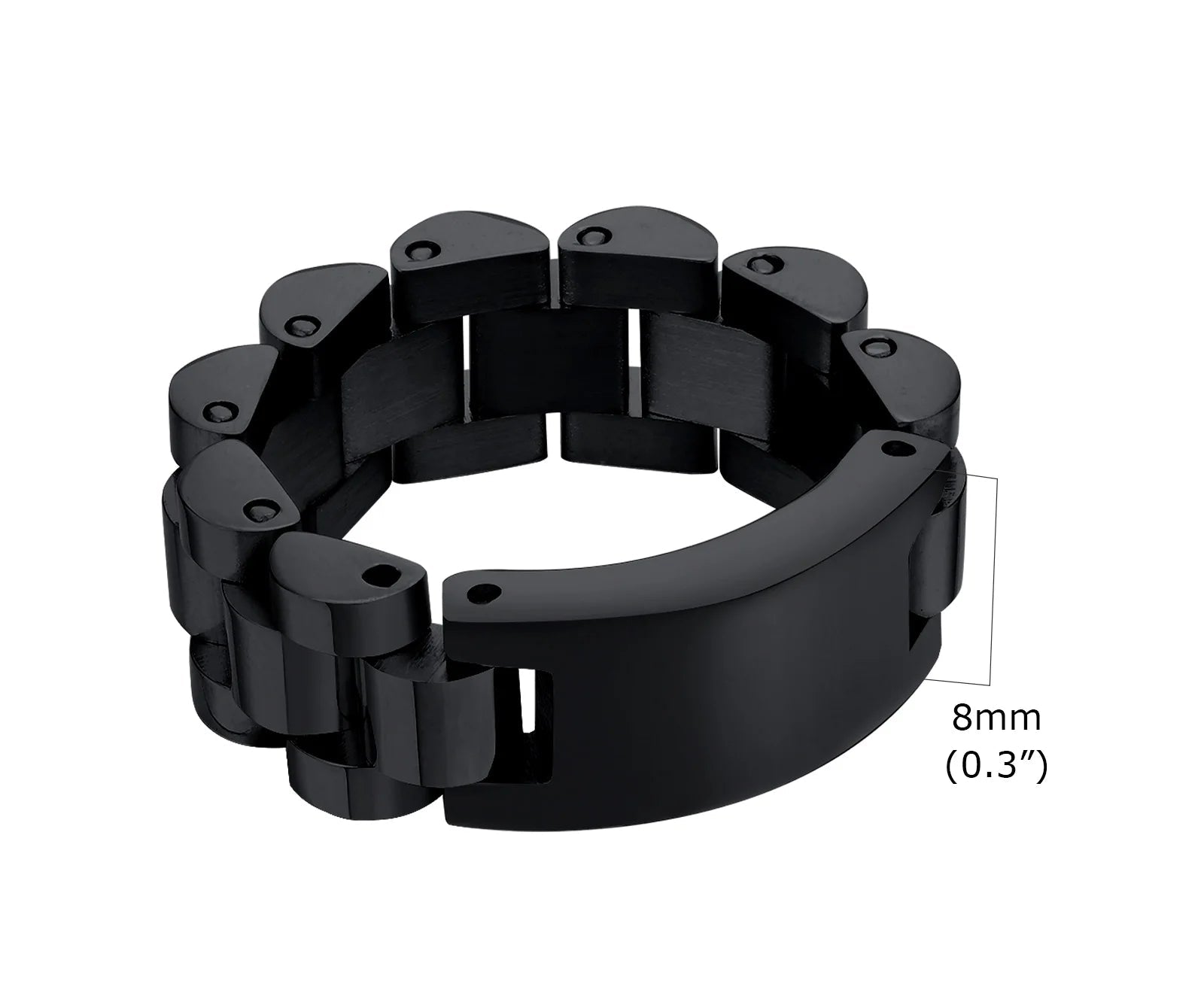 Produktdetail des schwarzen Edelstahl-Rings mit Größenangabe 8mm Breite (0.3 Zoll).