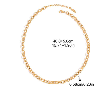 Produktgrafik einer groben, 18K vergoldeten Edelstahl-Gliederkette mit Maßen: Länge 40 plus 5 cm Verlängerung, Breite der Glieder 0,58 cm.