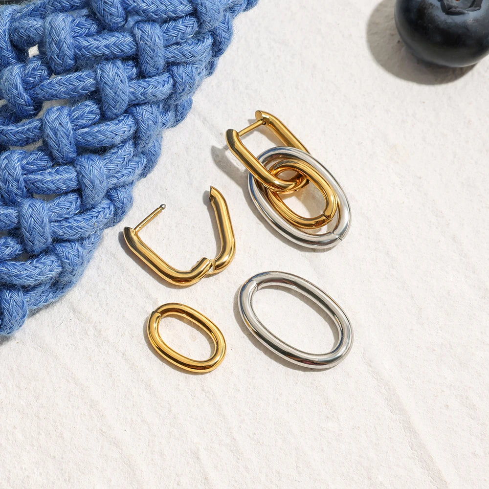 Set aus zwei gold-silbernen Gliederohrringen | Bicolor-Ohrhänger aus PVD 18K vergoldetem Edelstahl | ovaler Schmuck