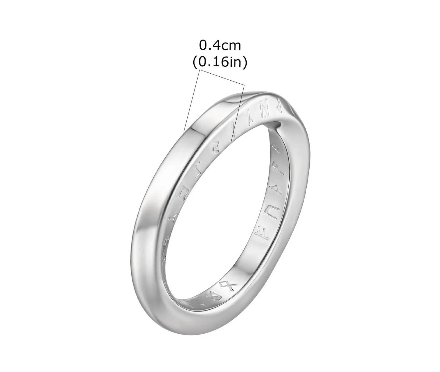 Produktgrafik des Möbius-Rings mit Maßen: Ringbreite 0,4 cm (0.16 in). Gewicht 5g (0.18 oz), Material: Edelstahl, minimalistisches Unisex-Design.