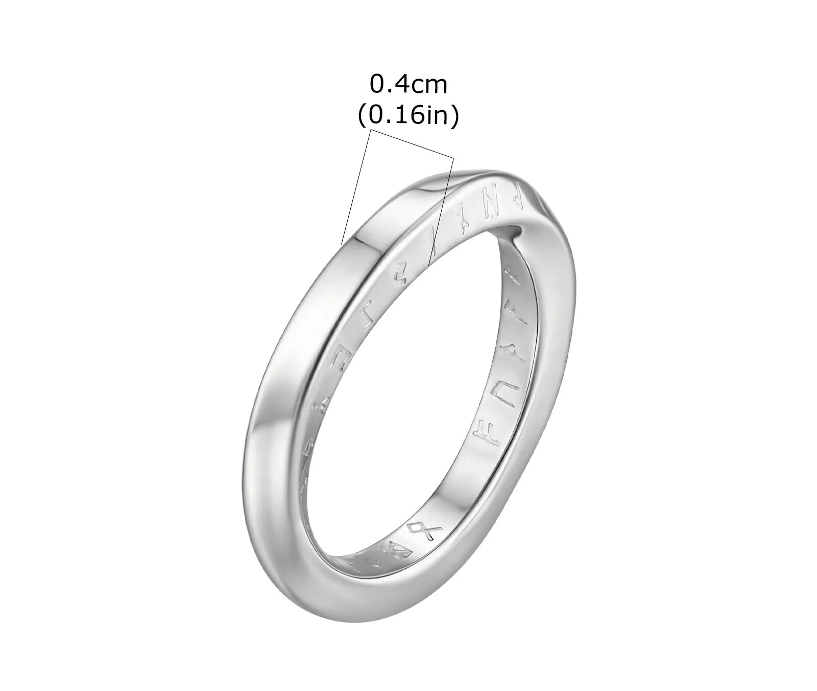 Produktgrafik des Möbius-Rings mit Maßen: Ringbreite 0,4 cm (0.16 in). Gewicht 5g (0.18 oz), Material: Edelstahl, minimalistisches Unisex-Design.