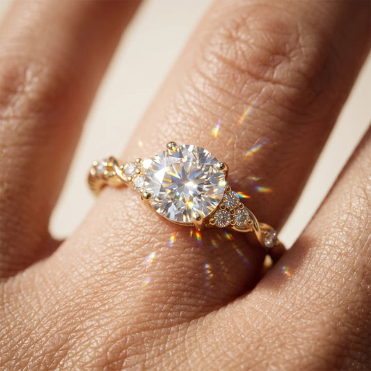 Nahaufnahme am Finger: Eleganter Verlobungsring aus 14K vergoldetem 925 Silber mit großem Zirkonia-Solitärstein, seitlichem Steinbesatz und gedrehter Ringschiene im Sonnenlicht