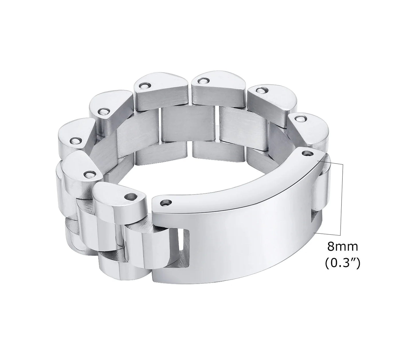 Produktdetail des silberfarbenen Edelstahl-Rings mit Größenangabe 8mm Breite (0.3 Zoll).