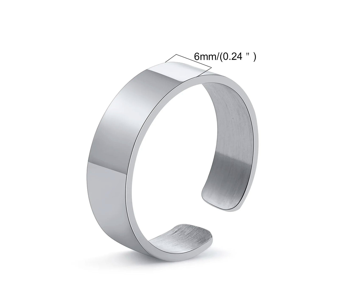 Produktgrafik des schmalsten Modells: Schlichter, offener silberner Ring aus Edelstahl mit einer Breite von 6 mm. Gewicht 2,84g.