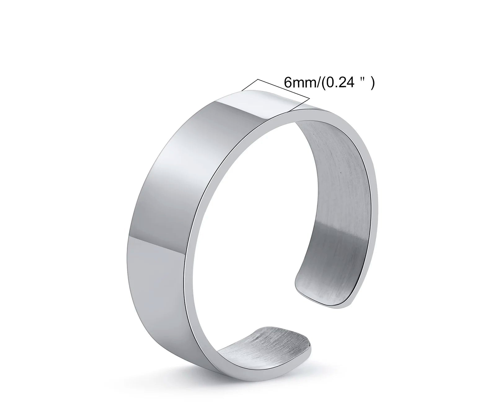 Produktgrafik des schmalsten Modells: Schlichter, offener silberner Ring aus Edelstahl mit einer Breite von 6 mm. Gewicht 2,84g.