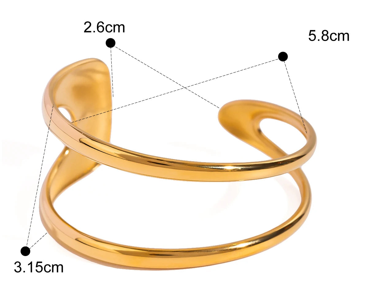 Produktgrafik des zweireihigen Armreifs mit Maßen: Innendurchmesser 5,8 cm, Breite der Öffnung 2,6 cm, Gesamthöhe 3,15 cm. Gewicht 24,2g, Material: Edelstahl, größenverstellbar, wasserfest und hypoallergen.