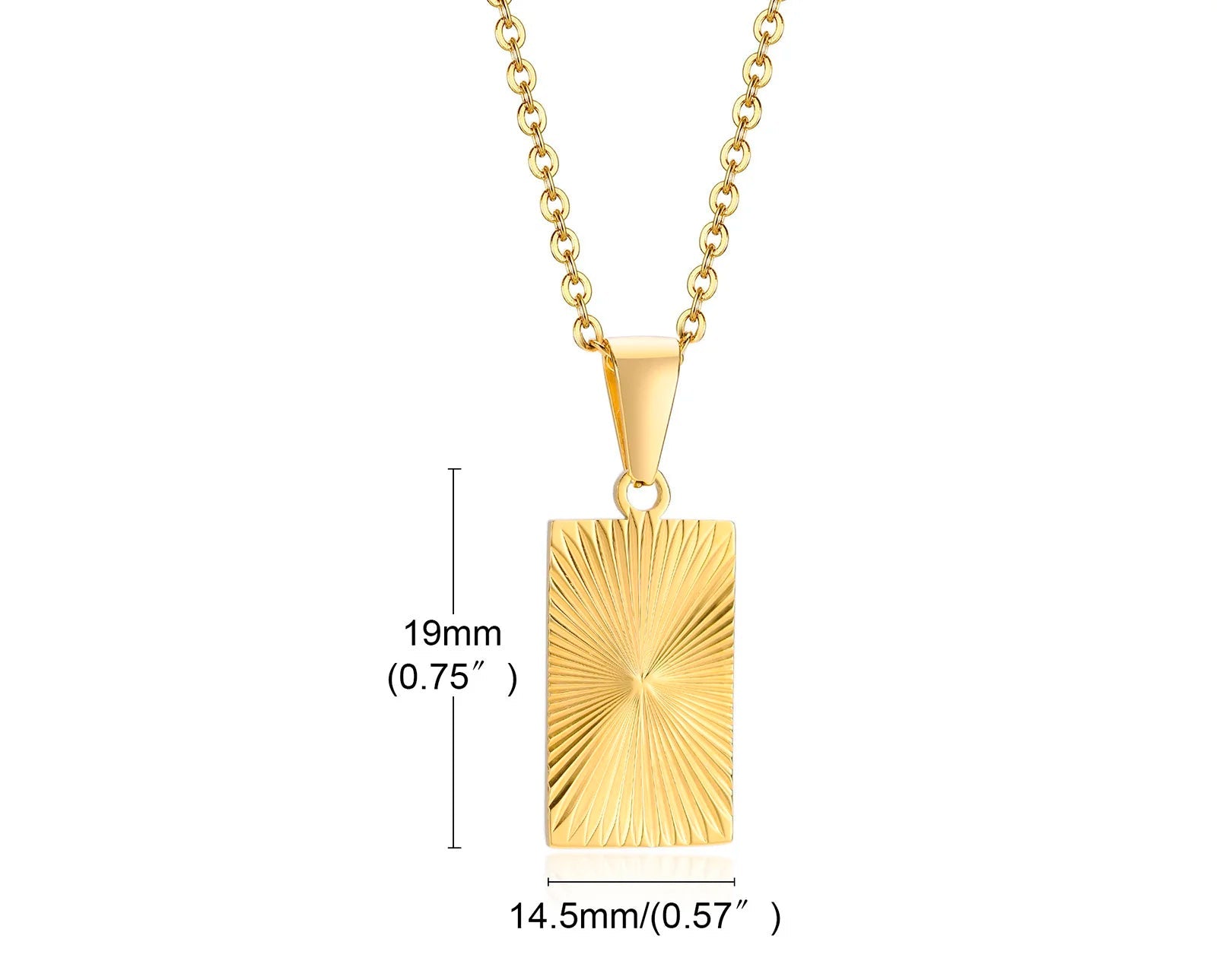 Goldfarbene Edelstahl-Halskette mit einem rechteckigen Anhänger (Sonnenstrahl-Design), der die Maße 19mm (0.75") in der Höhe und 14.5mm (0.57") in der Breite zeigt.