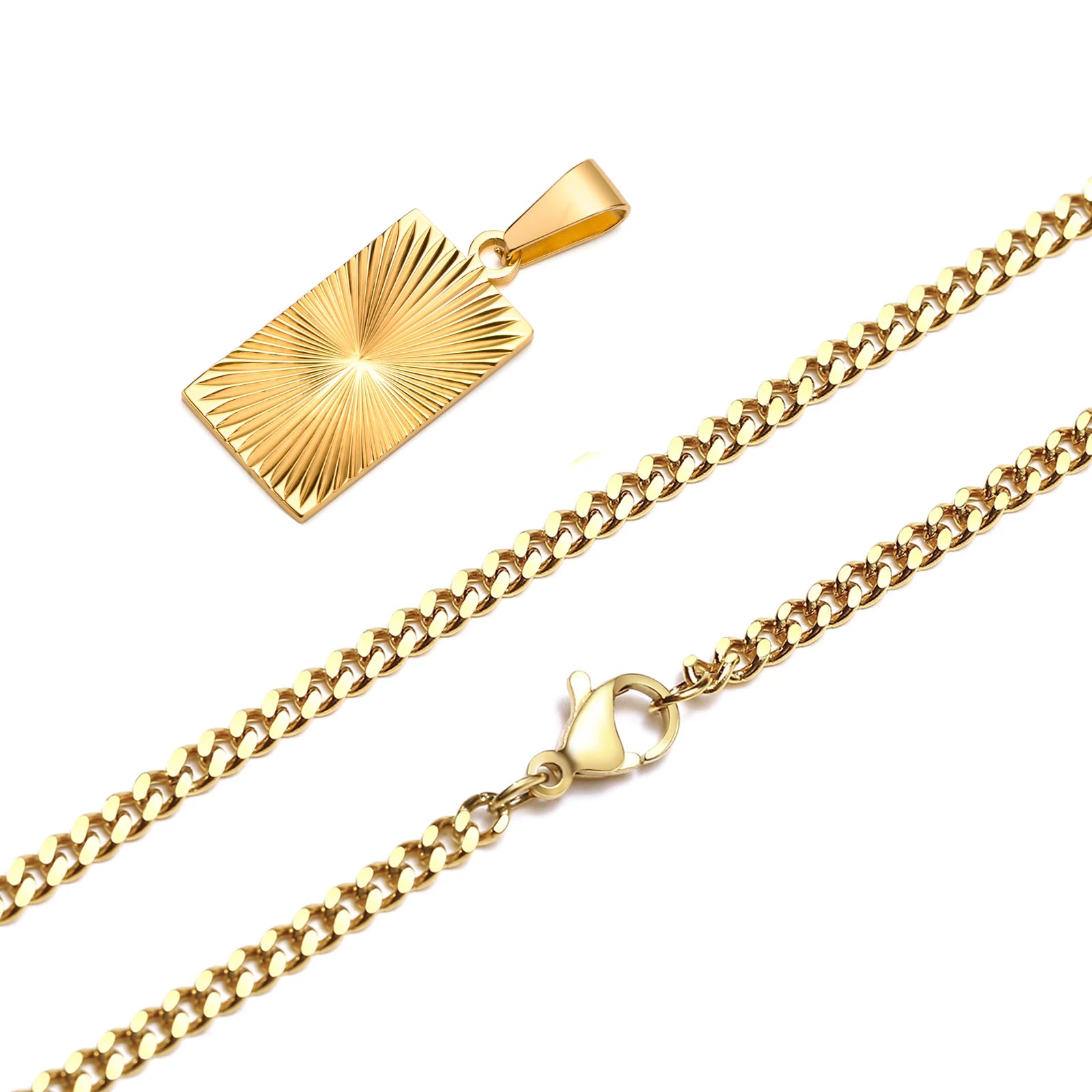 Goldfarbener rechteckiger Edelstahl-Anhänger mit einem Sonnenstrahl-Design, präsentiert auf einer dicken, gedrehten Kette mit Karabinerverschluss.