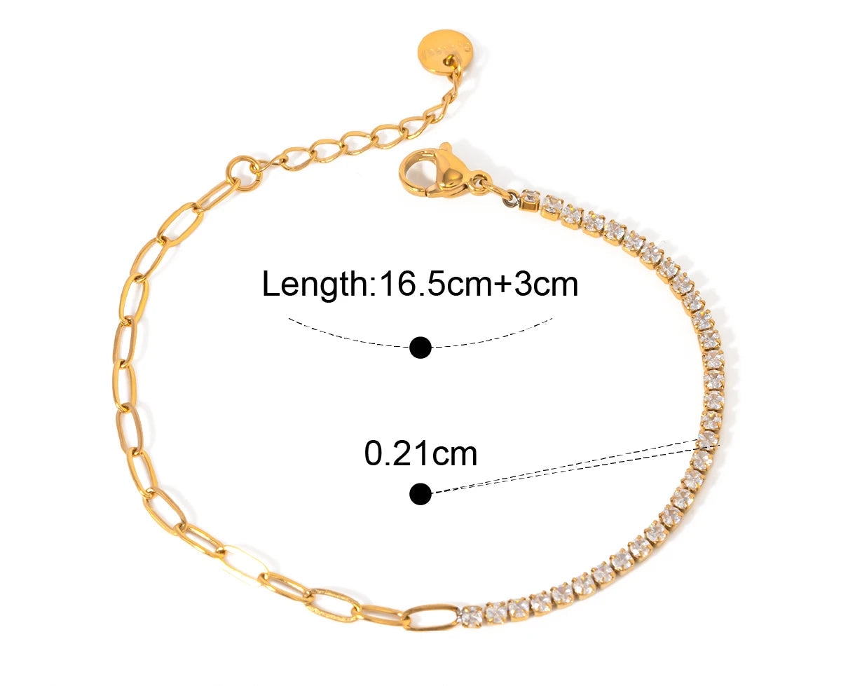 „Infografik zum goldvergoldeten Armband mit weißen Zirkonia: Länge 16,5 cm + 3 cm Verlängerung, Steinbreite 0,21 cm.“