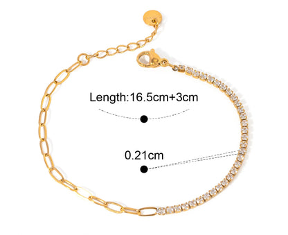 „Infografik zum goldvergoldeten Armband mit weißen Zirkonia: Länge 16,5 cm + 3 cm Verlängerung, Steinbreite 0,21 cm.“